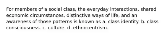 For members of a social class, the everyday interactions, shared economic circumstances, distinctive ways of life, and an awareness of those patterns is known as a. class identity. b. class consciousness. c. culture. d. ethnocentrism.