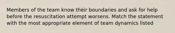 Members of the team know their boundaries and ask for help before the resuscitation attempt worsens. Match the statement with the most appropriate element of team dynamics listed