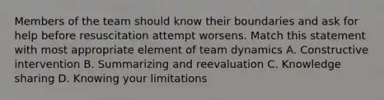 Members of the team should know their boundaries and ask for help before resuscitation attempt worsens. Match this statement with most appropriate element of team dynamics A. Constructive intervention B. Summarizing and reevaluation C. Knowledge sharing D. Knowing your limitations