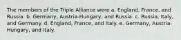 The members of the Triple Alliance were a. England, France, and Russia. b. Germany, Austria-Hungary, and Russia. c. Russia, Italy, and Germany. d. England, France, and Italy. e. Germany, Austria-Hungary, and Italy.