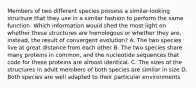 Members of two different species possess a similar-looking structure that they use in a similar fashion to perform the same function. Which information would shed the most light on whether these structures are homologous or whether they are, instead, the result of convergent evolution? A. The two species live at great distance from each other B. The two species share many proteins in common, and the nucleotide sequences that code for these proteins are almost identical. C. The sizes of the structures in adult members of both species are similar in size D. Both species are well adapted to their particular environments