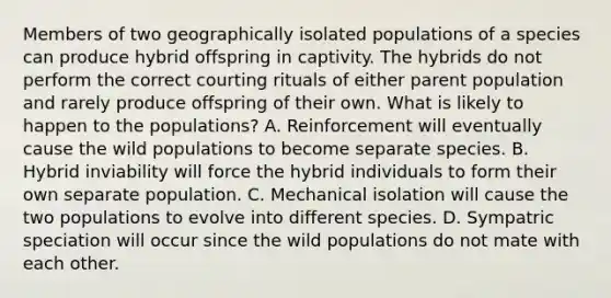 Members of two geographically isolated populations of a species can produce hybrid offspring in captivity. The hybrids do not perform the correct courting rituals of either parent population and rarely produce offspring of their own. What is likely to happen to the populations? A. Reinforcement will eventually cause the wild populations to become separate species. B. Hybrid inviability will force the hybrid individuals to form their own separate population. C. Mechanical isolation will cause the two populations to evolve into different species. D. Sympatric speciation will occur since the wild populations do not mate with each other.