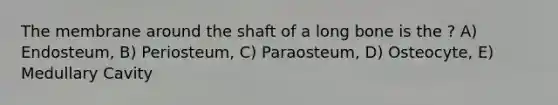 The membrane around the shaft of a long bone is the ? A) Endosteum, B) Periosteum, C) Paraosteum, D) Osteocyte, E) Medullary Cavity