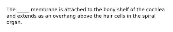 The _____ membrane is attached to the bony shelf of the cochlea and extends as an overhang above the hair cells in the spiral organ.