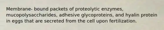 Membrane- bound packets of proteolytic enzymes, mucopolysaccharides, adhesive glycoproteins, and hyalin protein in eggs that are secreted from the cell upon fertilization.