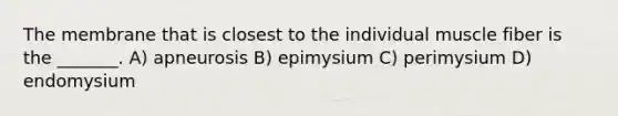 The membrane that is closest to the individual muscle fiber is the _______. A) apneurosis B) epimysium C) perimysium D) endomysium