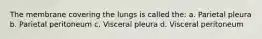 The membrane covering the lungs is called the: a. Parietal pleura b. Parietal peritoneum c. Visceral pleura d. Visceral peritoneum