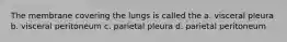 The membrane covering the lungs is called the a. visceral pleura b. visceral peritoneum c. parietal pleura d. parietal peritoneum