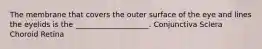 The membrane that covers the outer surface of the eye and lines the eyelids is the ____________________. Conjunctiva Sclera Choroid Retina