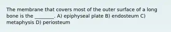 The membrane that covers most of the outer surface of a long bone is the ________. A) epiphyseal plate B) endosteum C) metaphysis D) periosteum