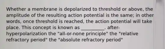 Whether a membrane is depolarized to threshold or above, the amplitude of the resulting action potential is the same; in other words, once threshold is reached, the action potential will take place. This concept is known as __________. after-hyperpolarization the "all-or-none principle" the "relative refractory period" the "absolute refractory period"