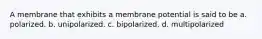 A membrane that exhibits a membrane potential is said to be a. polarized. b. unipolarized. c. bipolarized. d. multipolarized