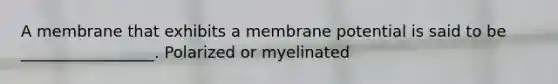 A membrane that exhibits a membrane potential is said to be _________________. Polarized or myelinated