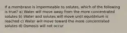 If a membrane is impermeable to solutes, which of the following is true? a) Water will move away from the more concentrated solutes b) Water and solutes will move until equilibrium is reached c) Water will move toward the more concentrated solutes d) Osmosis will not occur