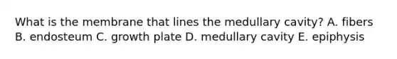 What is the membrane that lines the medullary cavity? A. fibers B. endosteum C. growth plate D. medullary cavity E. epiphysis