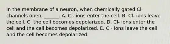 In the membrane of a neuron, when chemically gated Cl- channels open, ______. A. Cl- ions enter the cell. B. Cl- ions leave the cell. C. the cell becomes depolarized. D. Cl- ions enter the cell and the cell becomes depolarized. E. Cl- ions leave the cell and the cell becomes depolarized