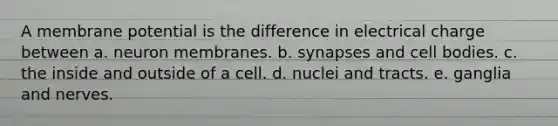 A membrane potential is the difference in electrical charge between a. neuron membranes. b. synapses and cell bodies. c. the inside and outside of a cell. d. nuclei and tracts. e. ganglia and nerves.