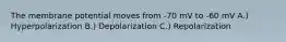 The membrane potential moves from -70 mV to -60 mV A.) Hyperpolarization B.) Depolarization C.) Repolarization