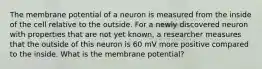 The membrane potential of a neuron is measured from the inside of the cell relative to the outside. For a newly discovered neuron with properties that are not yet known, a researcher measures that the outside of this neuron is 60 mV more positive compared to the inside. What is the membrane potential?