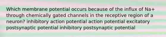 Which membrane potential occurs because of the influx of Na+ through chemically gated channels in the receptive region of a neuron? inhibitory action potential action potential excitatory postsynaptic potential inhibitory postsynaptic potential