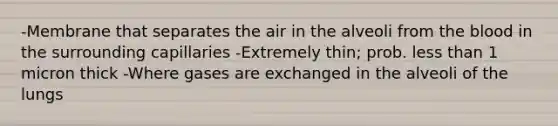 -Membrane that separates the air in the alveoli from the blood in the surrounding capillaries -Extremely thin; prob. less than 1 micron thick -Where gases are exchanged in the alveoli of the lungs