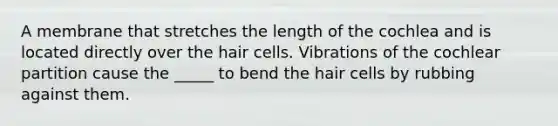 A membrane that stretches the length of the cochlea and is located directly over the hair cells. Vibrations of the cochlear partition cause the _____ to bend the hair cells by rubbing against them.