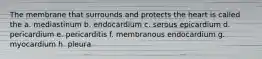 The membrane that surrounds and protects the heart is called the a. mediastinum b. endocardium c. serous epicardium d. pericardium e. pericarditis f. membranous endocardium g. myocardium h. pleura