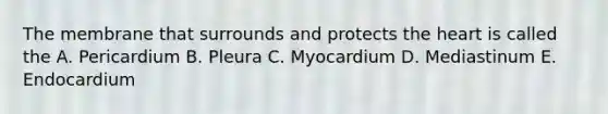 The membrane that surrounds and protects the heart is called the A. Pericardium B. Pleura C. Myocardium D. Mediastinum E. Endocardium