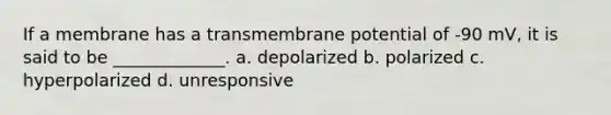 If a membrane has a transmembrane potential of -90 mV, it is said to be _____________. a. depolarized b. polarized c. hyperpolarized d. unresponsive