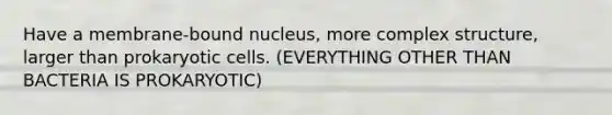 Have a membrane-bound nucleus, more complex structure, larger than <a href='https://www.questionai.com/knowledge/k1BuXhIsgo-prokaryotic-cells' class='anchor-knowledge'>prokaryotic cells</a>. (EVERYTHING OTHER THAN BACTERIA IS PROKARYOTIC)