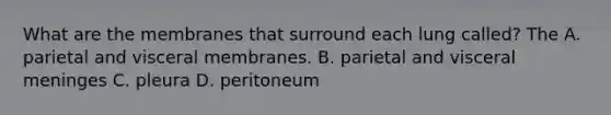 What are the membranes that surround each lung called? The A. parietal and visceral membranes. B. parietal and visceral meninges C. pleura D. peritoneum