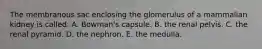 The membranous sac enclosing the glomerulus of a mammalian kidney is called: A. Bowman's capsule. B. the renal pelvis. C. the renal pyramid. D. the nephron. E. the medulla.