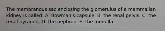 The membranous sac enclosing the glomerulus of a mammalian kidney is called: A. Bowman's capsule. B. the renal pelvis. C. the renal pyramid. D. the nephron. E. the medulla.