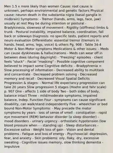 Men 1.5 x more likely than women Cause: root cause is unknown, perhaps environmental and genetic factors Physical cause: neuron death in the substantia nigra (basal ganglia in midbrain) Symptoms: - Tremor (hands, arms, legs, face, jaw) usually at rest May be during intention or postural - Bradykinesia, slowness of movement - Rigidity (stiffness) limbs & trunk - Postural instability, impaired balance, coordination, fall back or sideways Diagnosis: no specific tests, patient reports and neuro evaluation Differentiate: essential tremor (tremors in hands, head, arms, legs, voice) & others Pg. 908 - Table 34-4 Motor & Non-Motor symptoms Medications & other issues: - Meds can cause dyskinesias & hallucinations - Meds can wear off in between does (during day/night) - "Freezing" episodes - client feels "stuck" - Facial "masking" - Possible cognitive component believed to impact some Cognitive deficits: - Bradyphrenia = Slow processing of information - Decreased ability to multitask and concentrate - Decreased problem solving - Decreased memory and recall - Decreased Visual Spatial Deficits Progression & stages: - Normal life expectancy progression can take 20 years Slow progression 5 stages (Hoehn and Yahr scale) p. 907 One - affects 1 side of body Two - both sides of body, balance intact Three - mild/moderate symptoms, impaired balance, Indep. Function Four - symptoms can cause significant disability, can walk/stand independently Five - wheelchair or bed bound Non-Motor Symptoms: - May precede the motor symptoms by years - loss of sense of smell - constipation - rapid eye movement (REM) behavior disorder (a sleep disorder) - mood disorders - urinary urgency - orthostatic hypotension (low blood pressure when - - standing up) - Sleep disturbances - Excessive saliva - Weight loss of gain - Vision and dental problems - Fatigue and loss of energy - Psychosocial: depression, fear, and anxiety - Skin problems: oily, flaky, dry, excessive sweating - Cognitive issues memory, slow thinking dementia - Impulsive