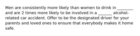 Men are consistently more likely than women to drink in ________ and are 2 times more likely to be involved in a _______ alcohol-related car accident. Offer to be the designated driver for your parents and loved ones to ensure that everybody makes it home safe.