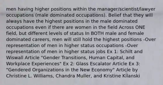 men having higher positions within the manager/scientist/lawyer occupations (male dominated occupations). Belief that they will always have the highest positions in the male dominated occupations even if there are women in the field Across ONE field, but different levels of status In BOTH male and female dominated careers, men will still hold the highest positions -Over representation of men in higher status occupations -Over representation of men in higher status jobs Ex 1: Schilt and Wiswall Article "Gender Transitions, Human Capital, and Workplace Experiences" Ex 2: Glass Escalator Article Ex 3: "Gendered Organizations in the New Economy" Article by Christine L. Williams, Chandra Muller, and Kristine Kilanski