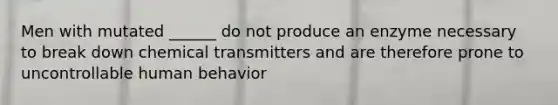 Men with mutated ______ do not produce an enzyme necessary to break down chemical transmitters and are therefore prone to uncontrollable human behavior