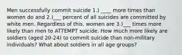 Men successfully commit suicide 1.) ____ more times than women do and 2.)___ percent of all suicides are committed by white men. Regardless of this, women are 3.)___ times more likely than men to ATTEMPT suicide. How much more likely are soldiers (aged 20-24) to commit suicide than non-military individuals? What about soldiers in all age groups?