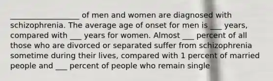 __________________ of men and women are diagnosed with schizophrenia. The average age of onset for men is ___ years, compared with ___ years for women. Almost ___ percent of all those who are divorced or separated suffer from schizophrenia sometime during their lives, compared with 1 percent of married people and ___ percent of people who remain single