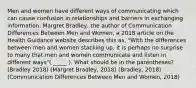 Men and women have different ways of communicating which can cause confusion in relationships and barriers in exchanging information. Margret Bradley, the author of Communication Differences Between Men and Women, a 2018 article on the Health Guidance website describes this as, "With the differences between men and women stacking up, it is perhaps no surprise to many that men and women communicate and listen in different ways"( _____ ). What should be in the parentheses? (Bradley 2018) (Margret Bradley, 2018) (Bradley, 2018) (Communication Differences Between Men and Women, 2018)