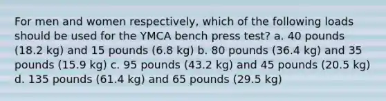 For men and women respectively, which of the following loads should be used for the YMCA bench press test? a. 40 pounds (18.2 kg) and 15 pounds (6.8 kg) b. 80 pounds (36.4 kg) and 35 pounds (15.9 kg) c. 95 pounds (43.2 kg) and 45 pounds (20.5 kg) d. 135 pounds (61.4 kg) and 65 pounds (29.5 kg)