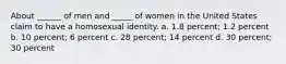 About ______ of men and _____ of women in the United States claim to have a homosexual identity. a. 1.8 percent; 1.2 percent b. 10 percent; 6 percent c. 28 percent; 14 percent d. 30 percent; 30 percent