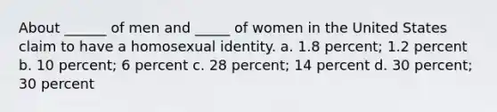 About ______ of men and _____ of women in the United States claim to have a homosexual identity. a. 1.8 percent; 1.2 percent b. 10 percent; 6 percent c. 28 percent; 14 percent d. 30 percent; 30 percent