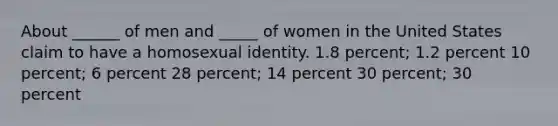 About ______ of men and _____ of women in the United States claim to have a homosexual identity. 1.8 percent; 1.2 percent 10 percent; 6 percent 28 percent; 14 percent 30 percent; 30 percent