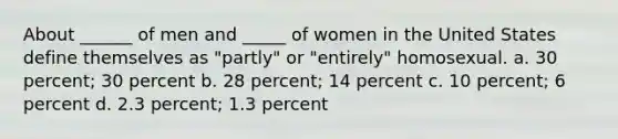 About ______ of men and _____ of women in the United States define themselves as "partly" or "entirely" homosexual. a. 30 percent; 30 percent b. 28 percent; 14 percent c. 10 percent; 6 percent d. 2.3 percent; 1.3 percent