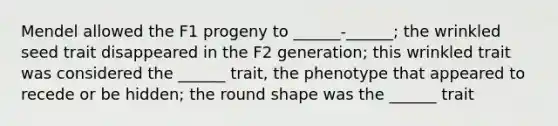 Mendel allowed the F1 progeny to ______-______; the wrinkled seed trait disappeared in the F2 generation; this wrinkled trait was considered the ______ trait, the phenotype that appeared to recede or be hidden; the round shape was the ______ trait