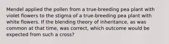 Mendel applied the pollen from a true-breeding pea plant with violet flowers to the stigma of a true-breeding pea plant with white flowers. If the blending theory of inheritance, as was common at that time, was correct, which outcome would be expected from such a cross?