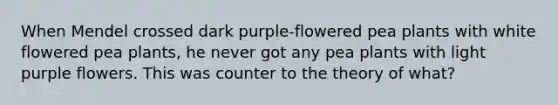 When Mendel crossed dark purple-flowered pea plants with white flowered pea plants, he never got any pea plants with light purple flowers. This was counter to the theory of what?