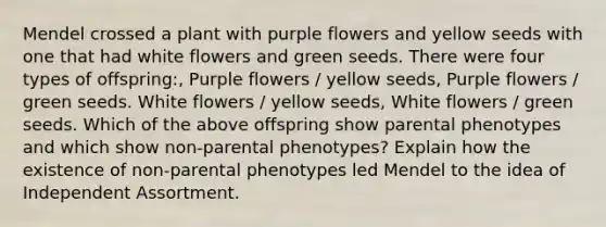 Mendel crossed a plant with purple flowers and yellow seeds with one that had white flowers and green seeds. There were four types of offspring:, Purple flowers / yellow seeds, Purple flowers / green seeds. White flowers / yellow seeds, White flowers / green seeds. Which of the above offspring show parental phenotypes and which show non-parental phenotypes? Explain how the existence of non-parental phenotypes led Mendel to the idea of Independent Assortment.