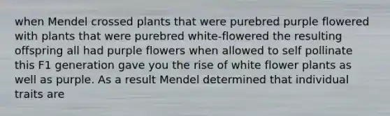 when Mendel crossed plants that were purebred purple flowered with plants that were purebred white-flowered the resulting offspring all had purple flowers when allowed to self pollinate this F1 generation gave you the rise of white flower plants as well as purple. As a result Mendel determined that individual traits are